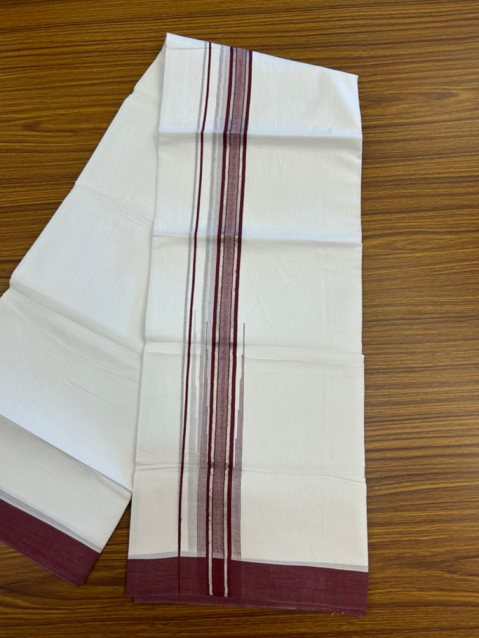 20% Discount ! KaithariKada Balaramapuram 100% Cotton Pure white Double Mundu/Dhoti - (100x80)s - 1.5 inch Silver Kasav & Maroon Stripes Chutty Kara 3.90 mtr (8 muzham) - 29 KK5287 PMC