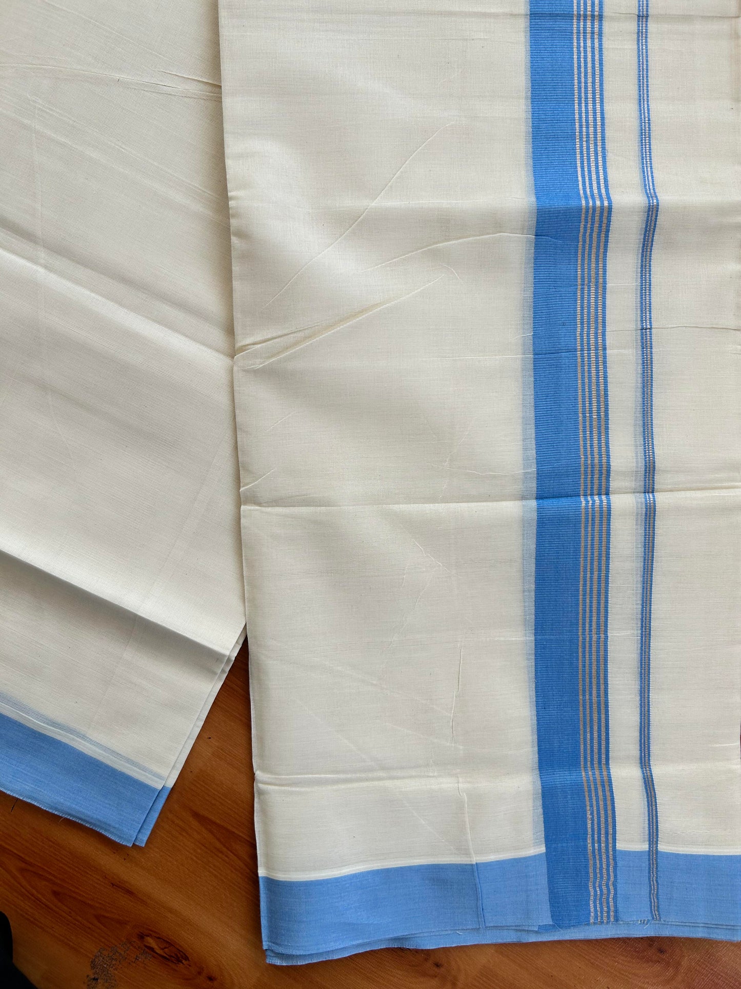 Double Off White  Mundu/Dhoti- 20% Discount! KaithariKada Balaramapuram Pure Cotton - 80s - 1.5 inch Silver Kasav Striped & Light Blue Kara - 4mtr (8.5muzham) -  2 KK5422 VAS