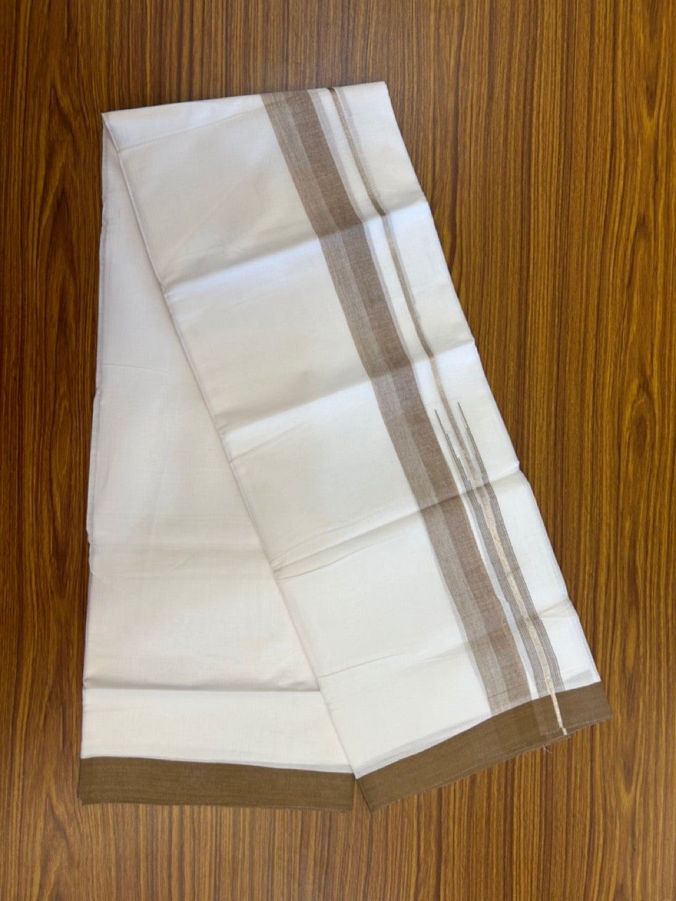 20% Discount ! KaithariKada Balaramapuram 100% Cotton Pure white Double Mundu/Dhoti - (100x80)s - 1.5 inch Silver Kasav & Light Brown Shades Stripes Chutty Kara 3.90 mtr (8 muzham) - 23 KK5287 PMC