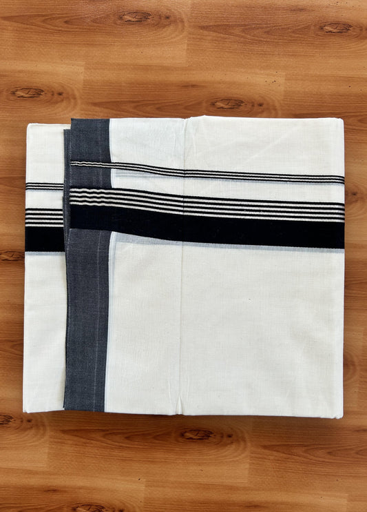 Double Off White  Mundu/Dhoti- 20% Discount! KaithariKada Balaramapuram Pure Cotton - 80s - 2 inch Silver Kasav Striped & Black Kara - 4mtr (8.5muzham) - 10 KK5422 VAS