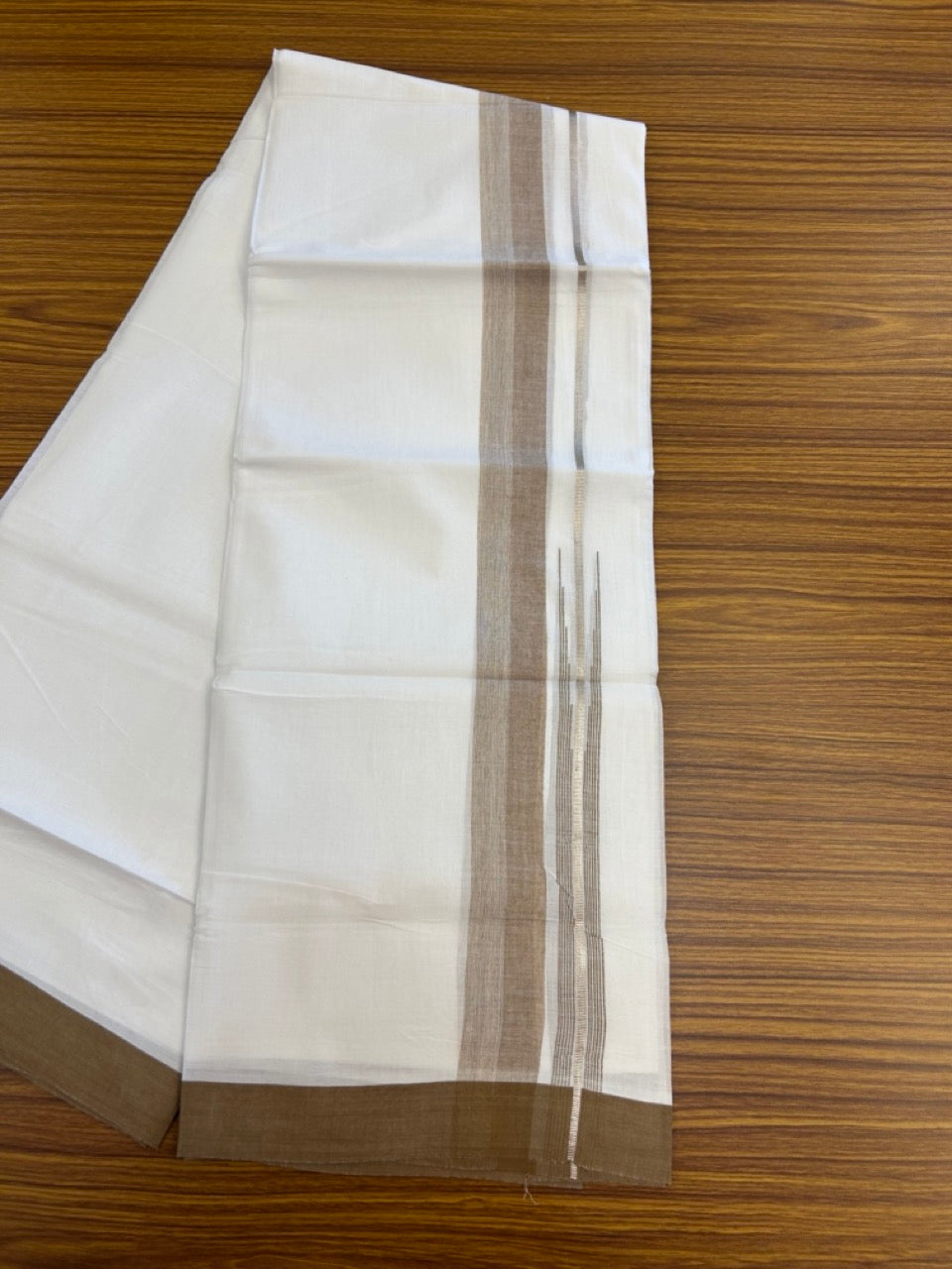 20% Discount ! KaithariKada Balaramapuram 100% Cotton Pure white Double Mundu/Dhoti - (100x80)s - 1.5 inch Silver Kasav & Light Brown Shades Stripes Chutty Kara 3.90 mtr (8 muzham) - 23 KK5287 PMC