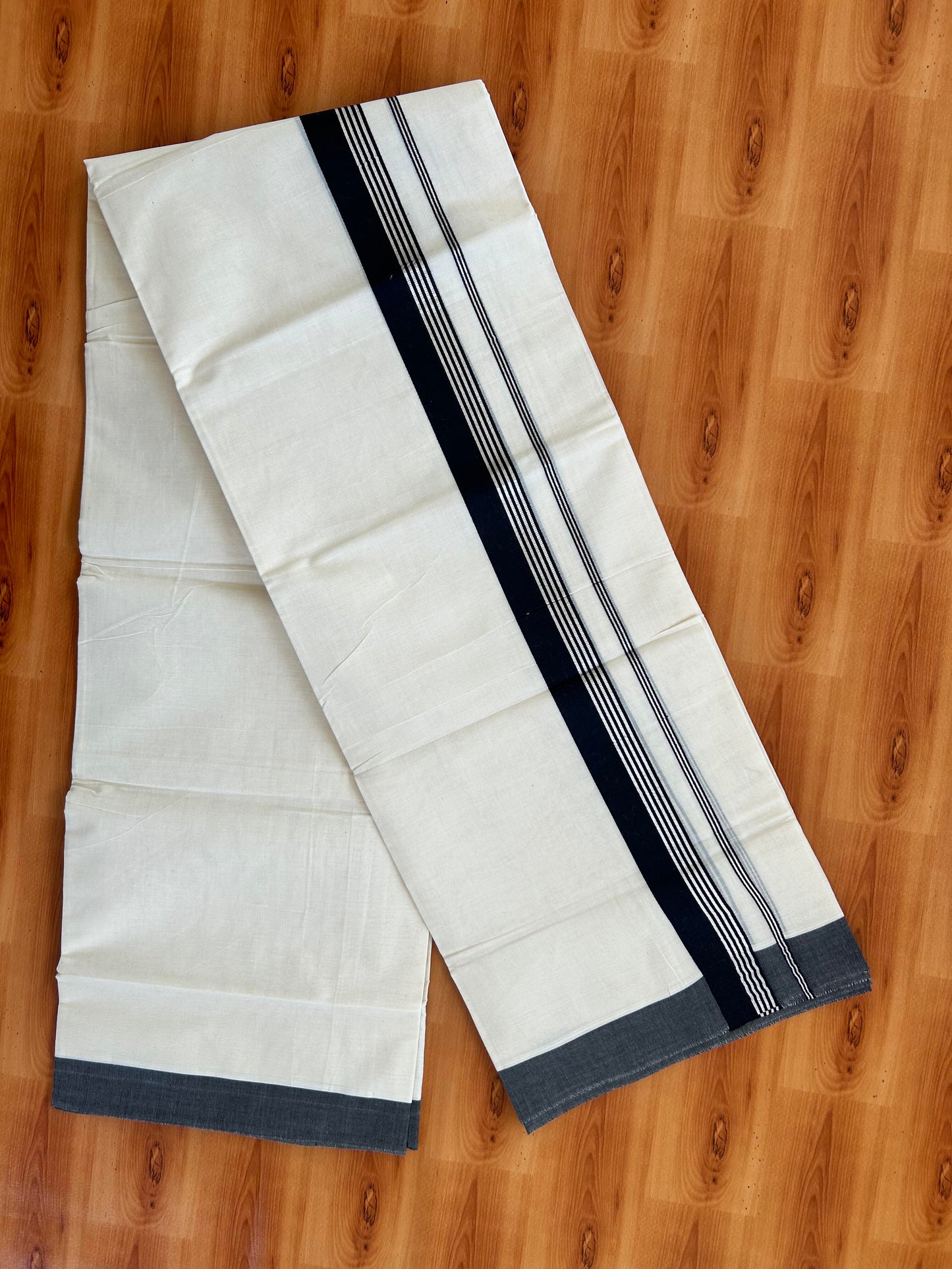 Double Off White  Mundu/Dhoti- 20% Discount! KaithariKada Balaramapuram Pure Cotton - 80s - 2 inch Silver Kasav Striped & Black Kara - 4mtr (8.5muzham) - 10 KK5422 VAS
