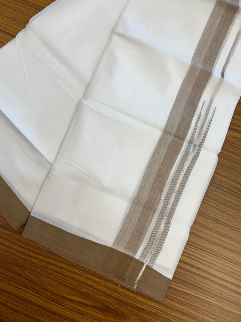 20% Discount ! KaithariKada Balaramapuram 100% Cotton Pure white Double Mundu/Dhoti - (100x80)s - 1.5 inch Silver Kasav & Light Brown Shades Stripes Chutty Kara 3.90 mtr (8 muzham) - 23 KK5287 PMC