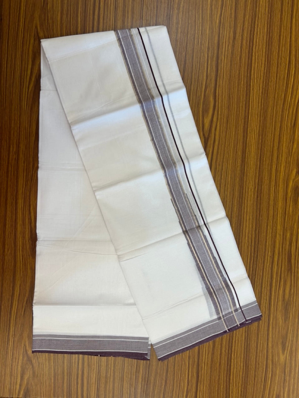 20% Discount ! KaithariKada Balaramapuram 100% Cotton Pure white Double Mundu/Dhoti - (100x80)s - 1.5 inch Silver Kasav & Wine Purple Shades Stripes Chutty Kara 3.90 mtr (8 muzham) - 22 KK5287 PMC