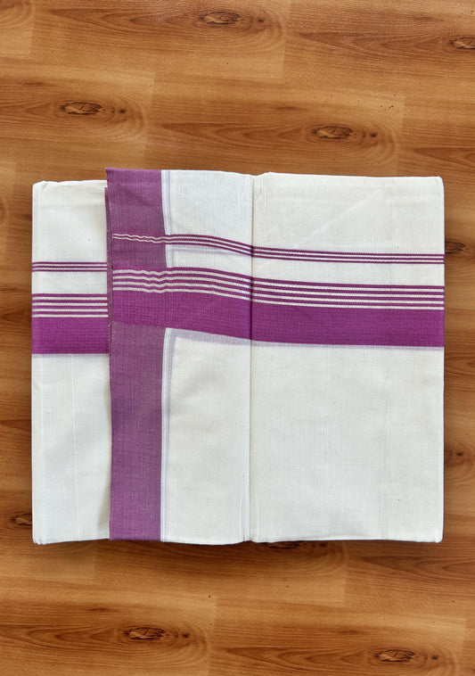 Double Off White  Mundu/Dhoti- 20% Discount! KaithariKada Balaramapuram Pure Cotton - 80s - 1.5 inch Silver Kasav Striped & Purple Pink Kara - 4mtr (8.5muzham) - 15 KK5422 VAS