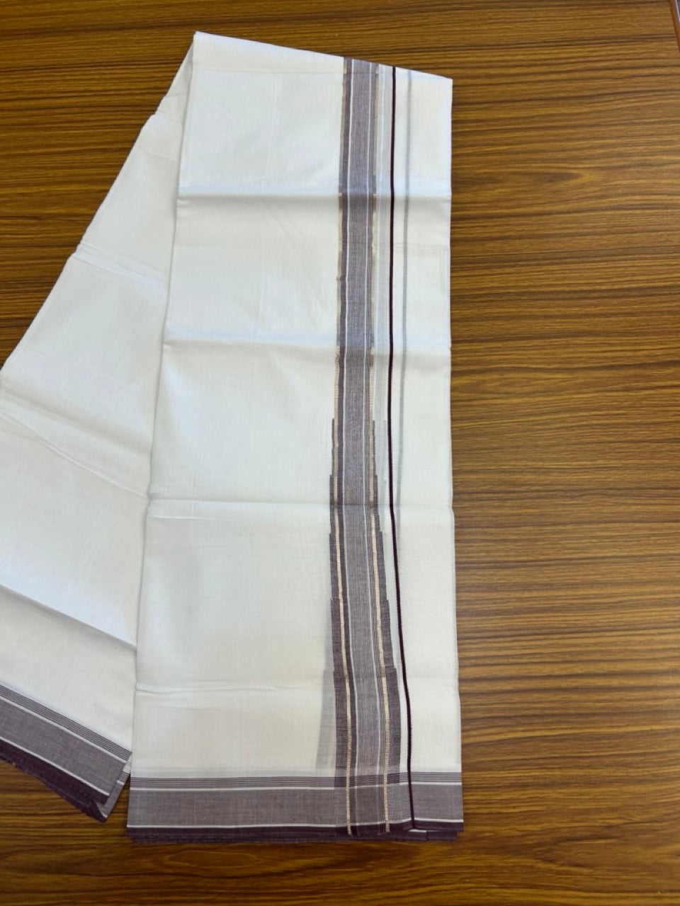 20% Discount ! KaithariKada Balaramapuram 100% Cotton Pure white Double Mundu/Dhoti - (100x80)s - 1.5 inch Silver Kasav & Wine Purple Shades Stripes Chutty Kara 3.90 mtr (8 muzham) - 22 KK5287 PMC