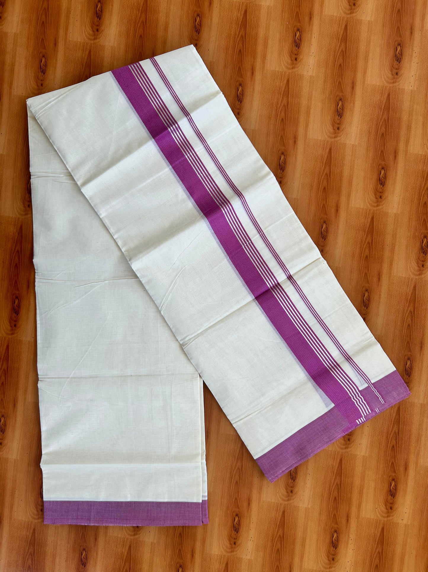 Double Off White  Mundu/Dhoti- 20% Discount! KaithariKada Balaramapuram Pure Cotton - 80s - 1.5 inch Silver Kasav Striped & Purple Pink Kara - 4mtr (8.5muzham) - 15 KK5422 VAS