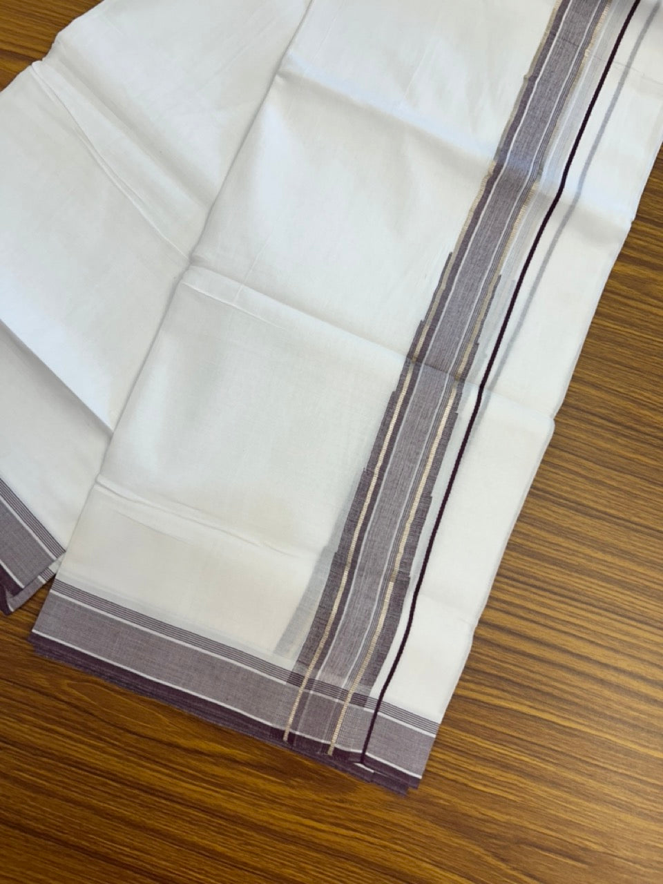 20% Discount ! KaithariKada Balaramapuram 100% Cotton Pure white Double Mundu/Dhoti - (100x80)s - 1.5 inch Silver Kasav & Wine Purple Shades Stripes Chutty Kara 3.90 mtr (8 muzham) - 22 KK5287 PMC