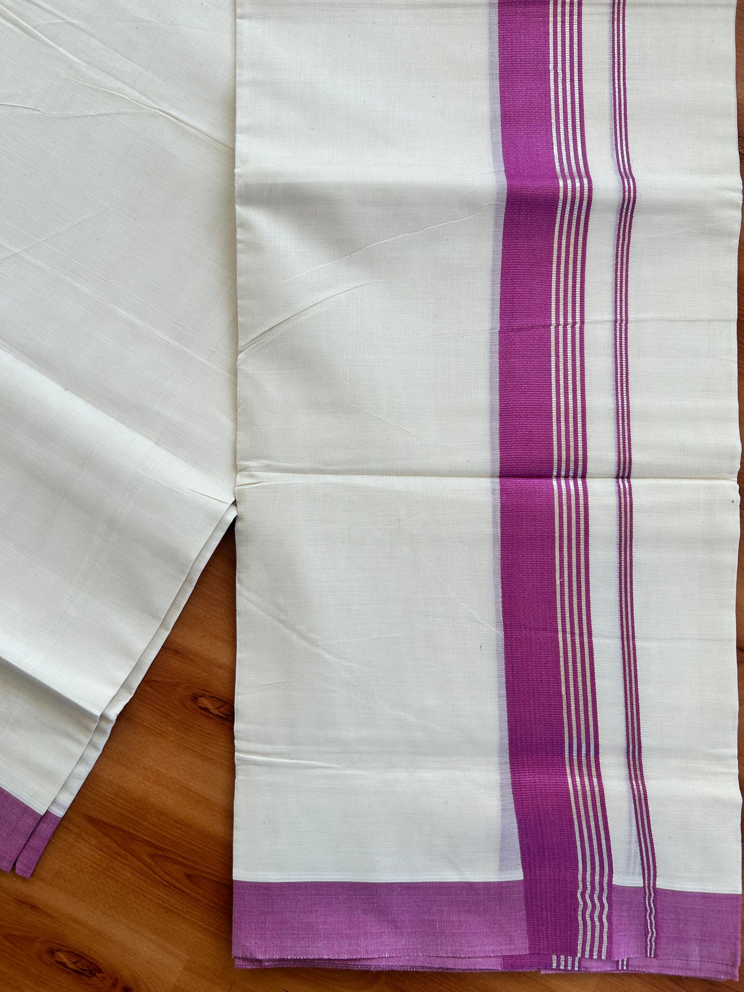 Double Off White  Mundu/Dhoti- 20% Discount! KaithariKada Balaramapuram Pure Cotton - 80s - 1.5 inch Silver Kasav Striped & Purple Pink Kara - 4mtr (8.5muzham) - 15 KK5422 VAS