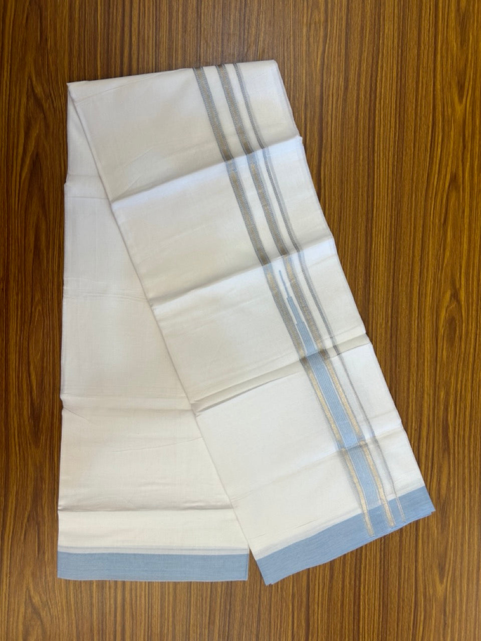 20% Discount ! KaithariKada Balaramapuram 100% Cotton Pure white Double Mundu/Dhoti - (100x80)s - 1.5 inch Silver Kasav & Light Sky Blue Shades Stripes Chutty Kara 3.90 mtr (8 muzham) - 24 KK5287 PMC