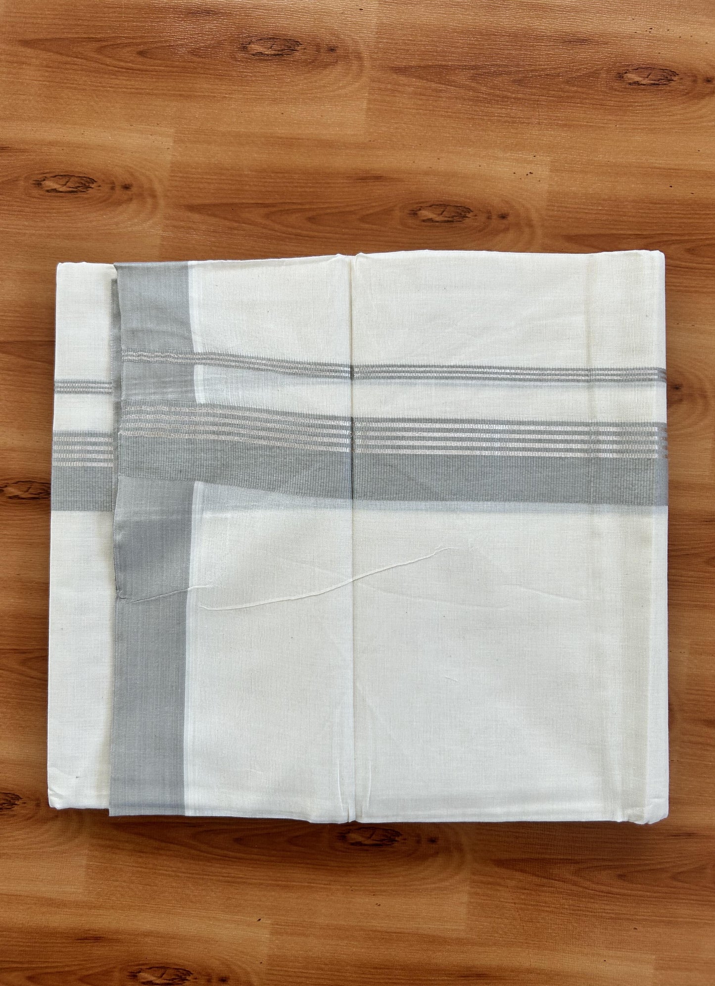 Double Off White  Mundu/Dhoti- 20% Discount! KaithariKada Balaramapuram Pure Cotton - 80s - 1.5 inch Silver Kasav Striped & Grey Kara - 4mtr (8.5muzham) - 7 KK5422 VAS