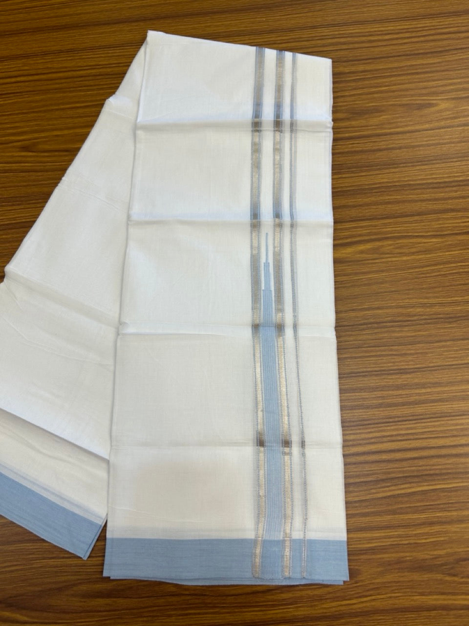 20% Discount ! KaithariKada Balaramapuram 100% Cotton Pure white Double Mundu/Dhoti - (100x80)s - 1.5 inch Silver Kasav & Light Sky Blue Shades Stripes Chutty Kara 3.90 mtr (8 muzham) - 24 KK5287 PMC