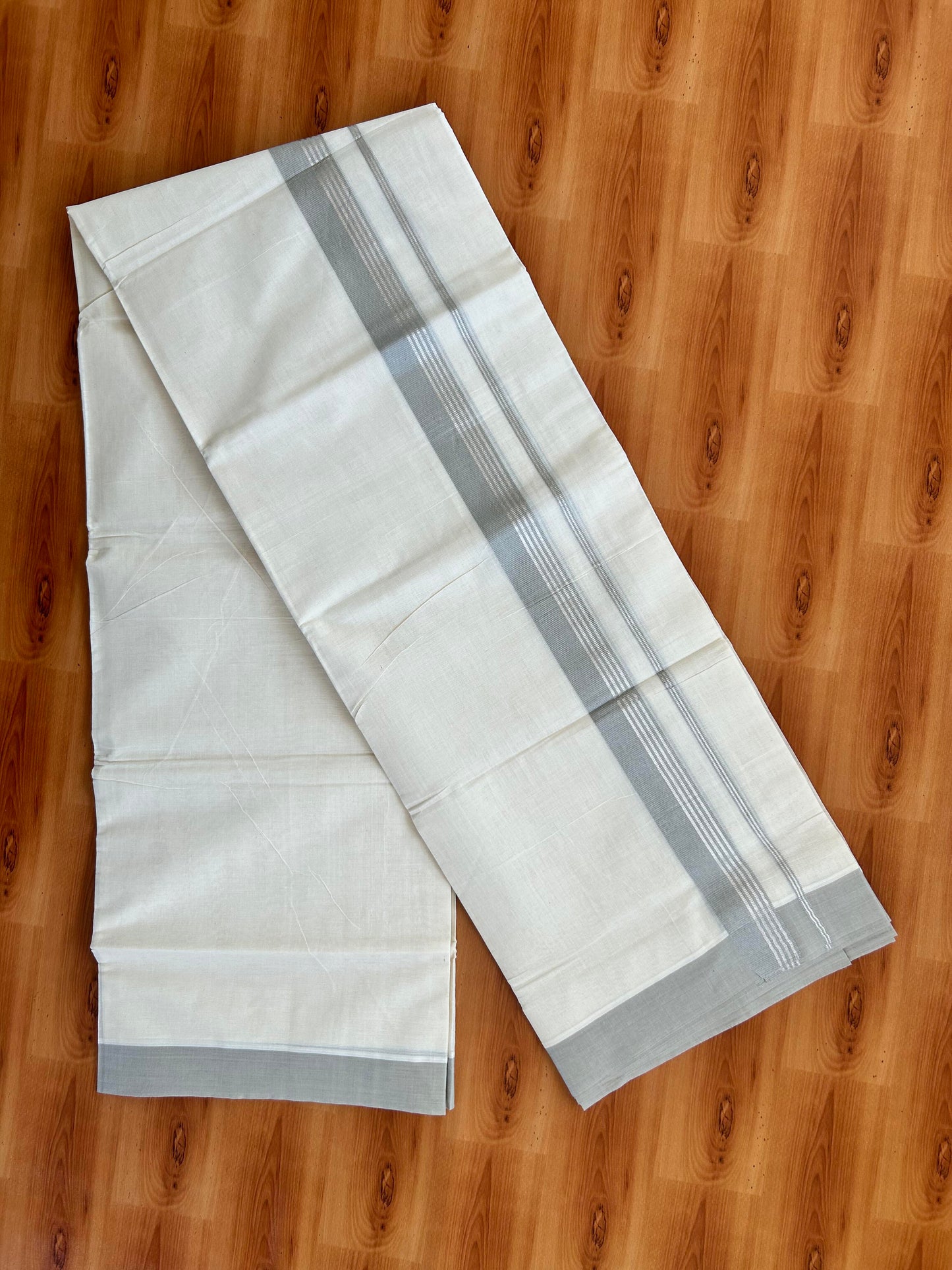 Double Off White  Mundu/Dhoti- 20% Discount! KaithariKada Balaramapuram Pure Cotton - 80s - 1.5 inch Silver Kasav Striped & Grey Kara - 4mtr (8.5muzham) - 7 KK5422 VAS
