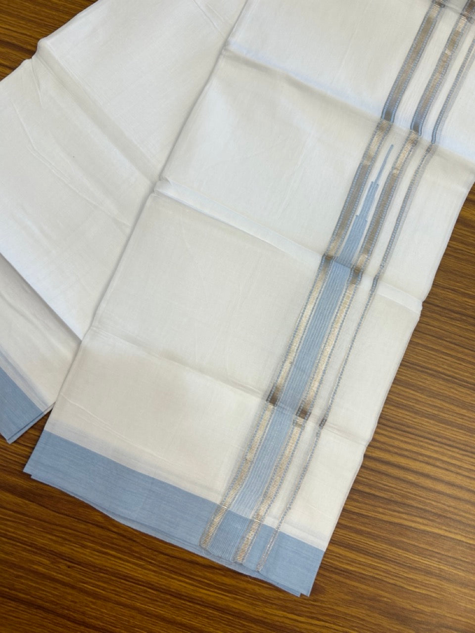 20% Discount ! KaithariKada Balaramapuram 100% Cotton Pure white Double Mundu/Dhoti - (100x80)s - 1.5 inch Silver Kasav & Light Sky Blue Shades Stripes Chutty Kara 3.90 mtr (8 muzham) - 24 KK5287 PMC