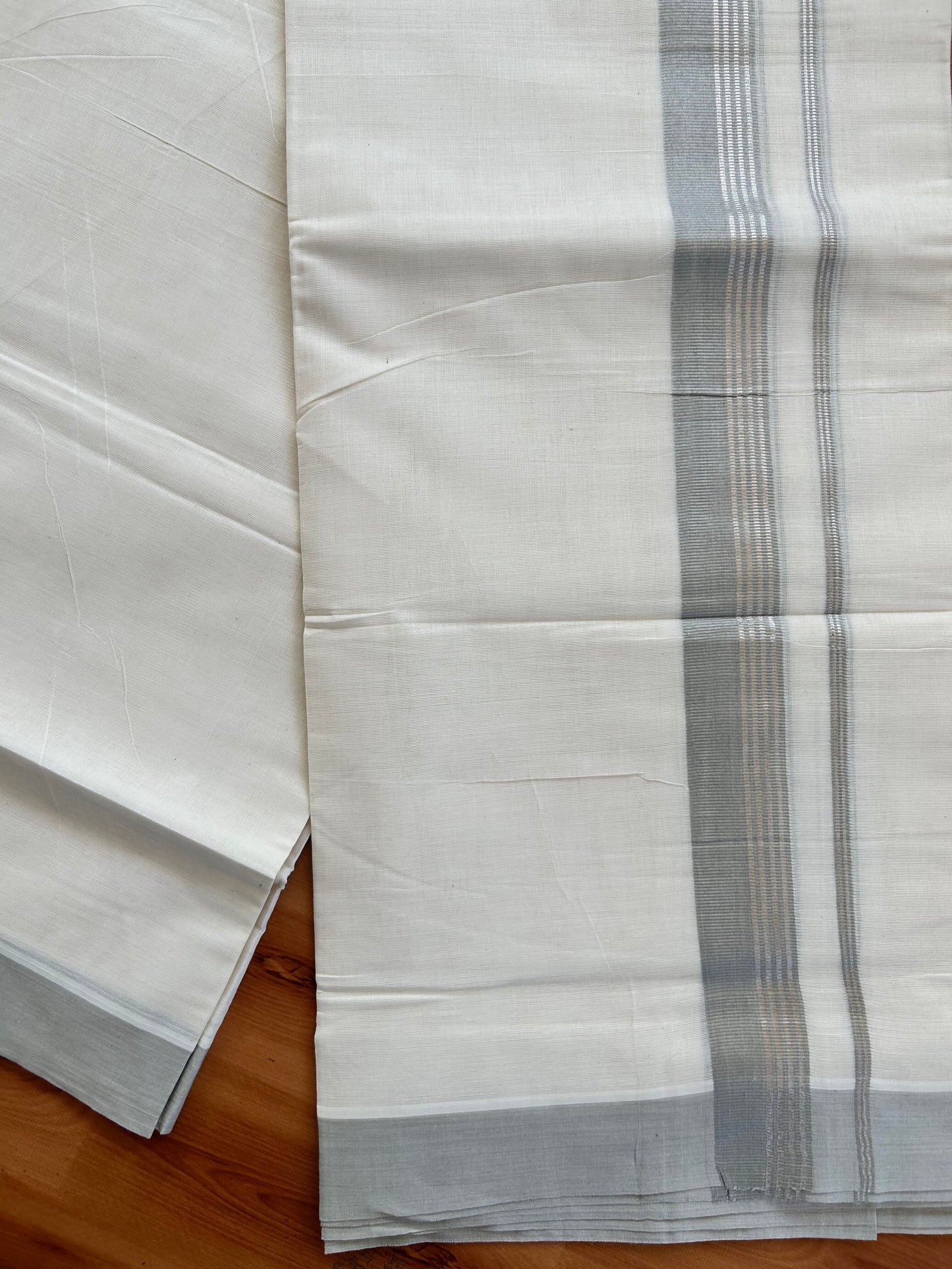 Double Off White  Mundu/Dhoti- 20% Discount! KaithariKada Balaramapuram Pure Cotton - 80s - 1.5 inch Silver Kasav Striped & Grey Kara - 4mtr (8.5muzham) - 7 KK5422 VAS