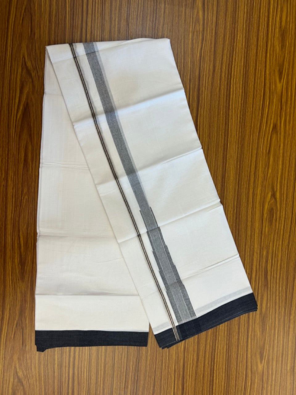 20% Discount ! KaithariKada Balaramapuram 100% Cotton Pure white Double Mundu/Dhoti - (100x80)s - 1.5 inch Silver Kasav & Black Stripes Chutty Kara 3.90 mtr (8 muzham) - 26 KK5287 PMC