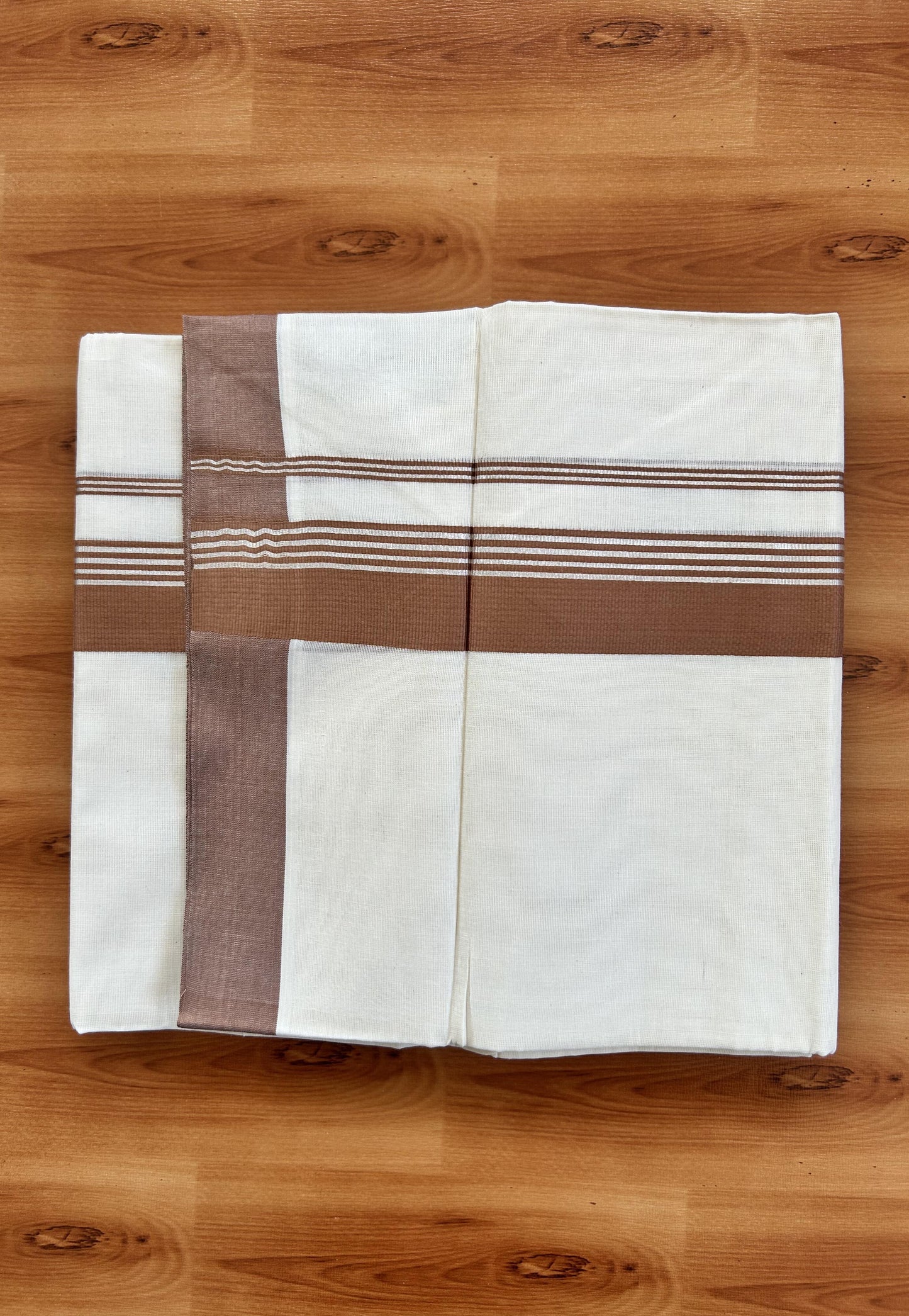 Double Off White  Mundu/Dhoti- 20% Discount! KaithariKada Balaramapuram Pure Cotton - 80s - 1.5 inch Silver Kasav Striped & Caramel Brown Kara - 4mtr (8.5muzham) - 11 KK5422 VAS
