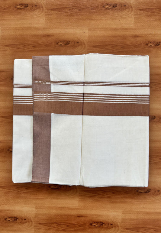 Double Off White  Mundu/Dhoti- 20% Discount! KaithariKada Balaramapuram Pure Cotton - 80s - 1.5 inch Silver Kasav Striped & Caramel Brown Kara - 4mtr (8.5muzham) - 11 KK5422 VAS