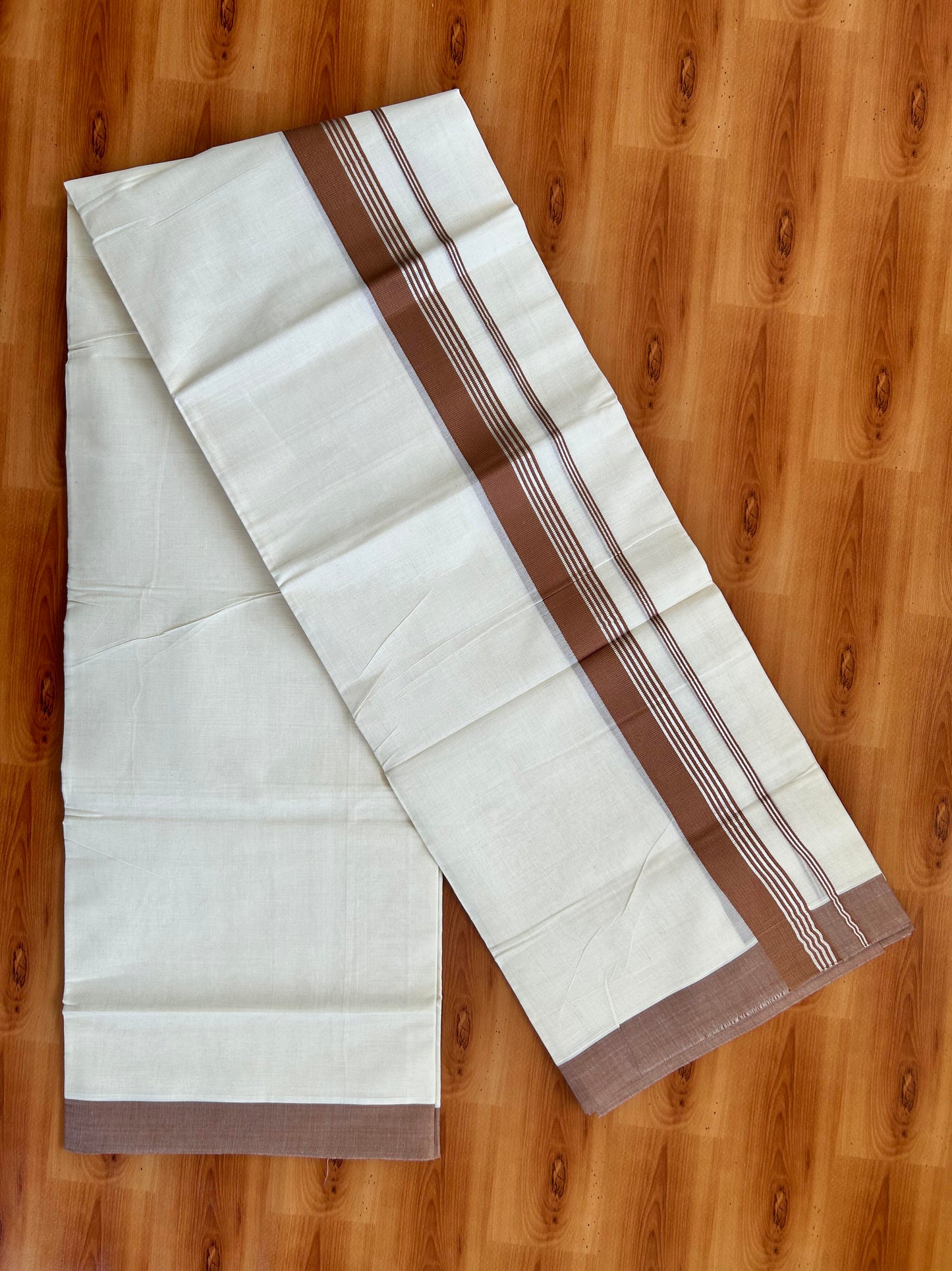 Double Off White  Mundu/Dhoti- 20% Discount! KaithariKada Balaramapuram Pure Cotton - 80s - 1.5 inch Silver Kasav Striped & Caramel Brown Kara - 4mtr (8.5muzham) - 11 KK5422 VAS