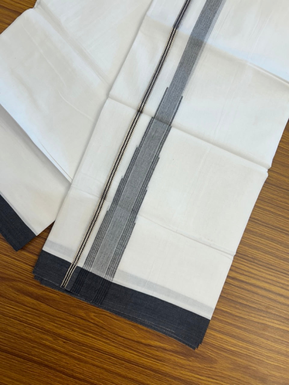 20% Discount ! KaithariKada Balaramapuram 100% Cotton Pure white Double Mundu/Dhoti - (100x80)s - 1.5 inch Silver Kasav & Black Stripes Chutty Kara 3.90 mtr (8 muzham) - 26 KK5287 PMC