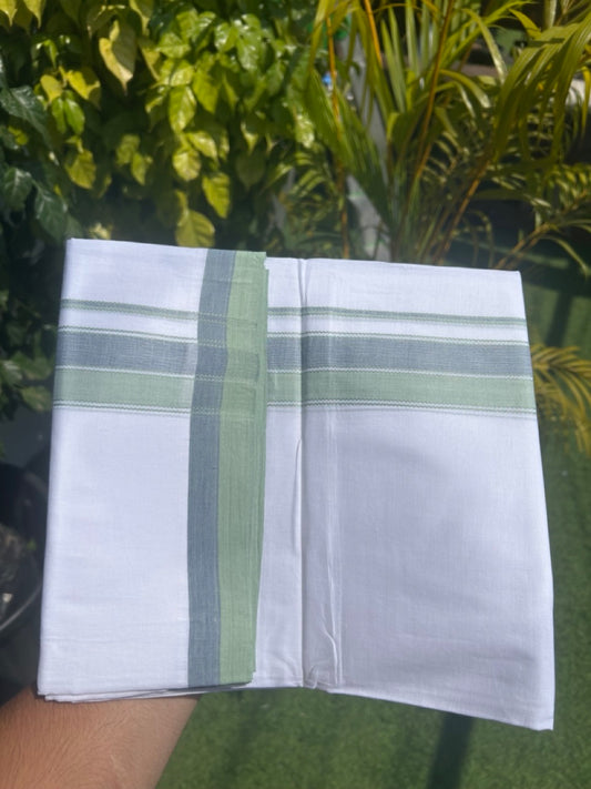 28% DISCOUNT! KaithariKada Balaramapuram 100% Cotton PURE WHITE Double Mundu/Dhoti - 100x80 - 1.75 inch Pista Green & Blue shaded designer kara - 11KK5134THI