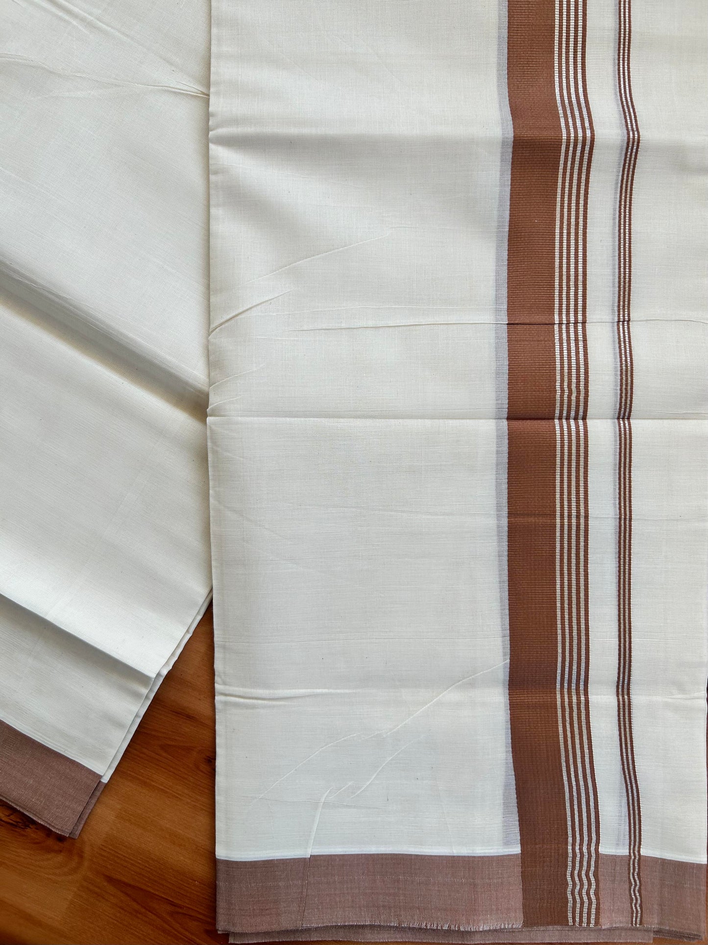 Double Off White  Mundu/Dhoti- 20% Discount! KaithariKada Balaramapuram Pure Cotton - 80s - 1.5 inch Silver Kasav Striped & Caramel Brown Kara - 4mtr (8.5muzham) - 11 KK5422 VAS