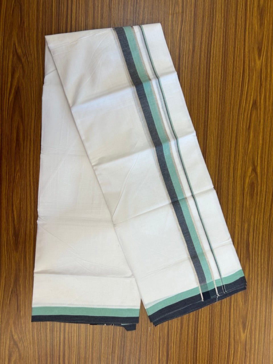 20% Discount ! KaithariKada Balaramapuram 100% Cotton Pure white Double Mundu/Dhoti - (100x80)s - 1.75 inch Silver Kasav Black & Turquoise Green Stripes Chutty Kara 3.90 mtr (8 muzham) - 35 KK5287 PMC
