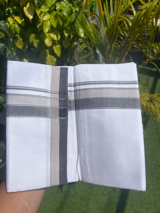28% DISCOUNT! KaithariKada Balaramapuram 100% Cotton PURE WHITE Double Mundu/Dhoti - 100x80 - 1.75 inch Light Grey & Black shaded designer kara - 10KK5134THI