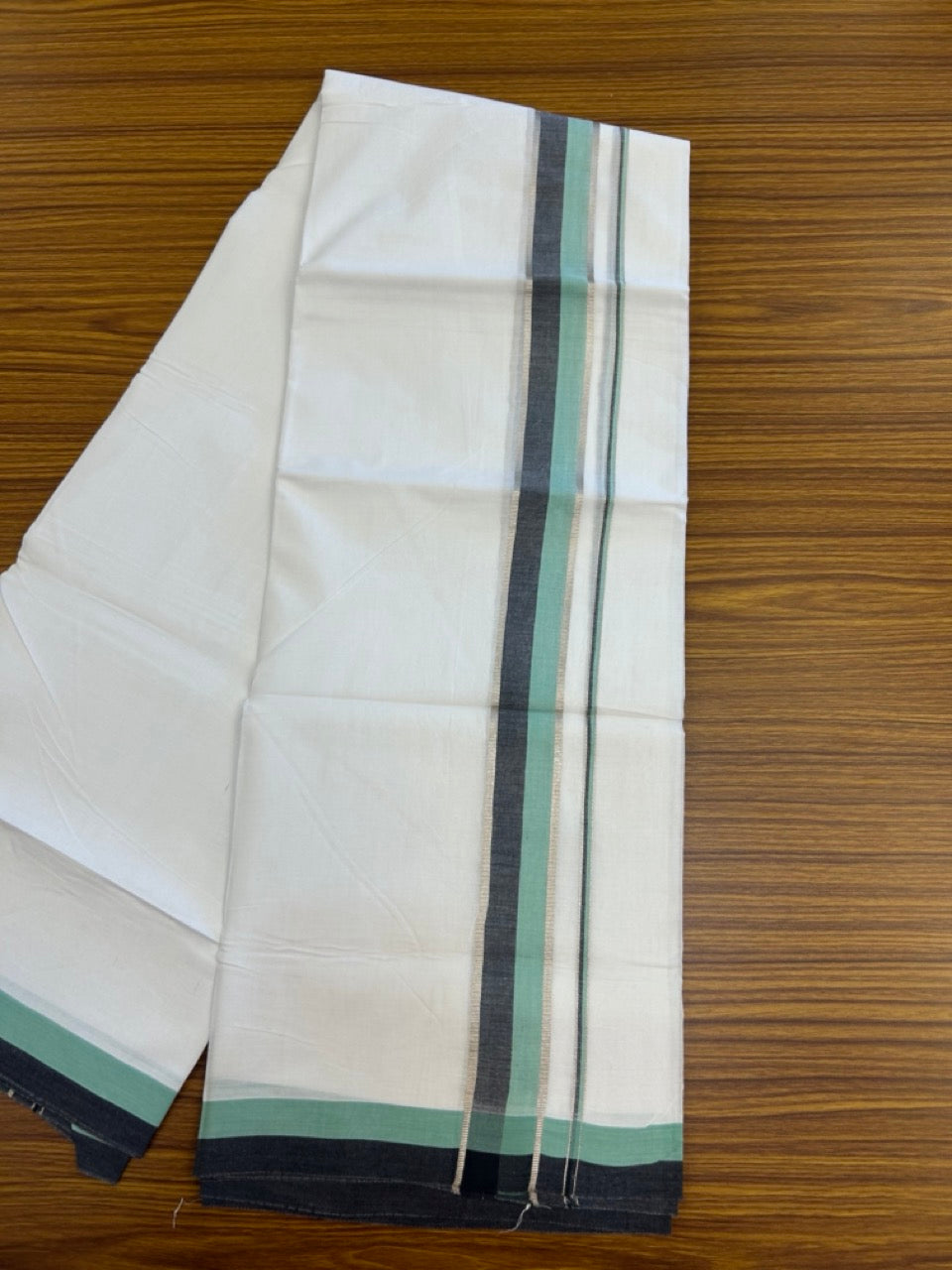 20% Discount ! KaithariKada Balaramapuram 100% Cotton Pure white Double Mundu/Dhoti - (100x80)s - 1.75 inch Silver Kasav Black & Turquoise Green Stripes Chutty Kara 3.90 mtr (8 muzham) - 35 KK5287 PMC