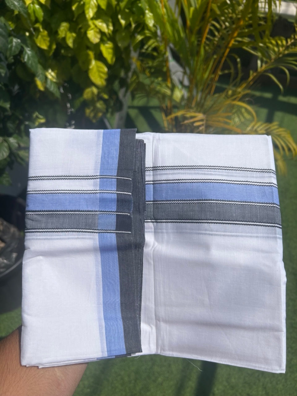 28% DISCOUNT! KaithariKada Balaramapuram 100% Cotton PURE WHITE Double Mundu/Dhoti - 100x80 - 1.75 inch Blue & Black shaded designer kara - 9KK5134THI