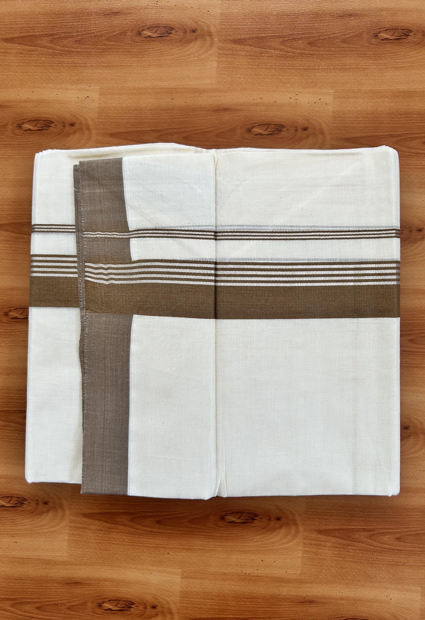 Double Off White  Mundu/Dhoti- 20% Discount! KaithariKada Balaramapuram Pure Cotton - 80s - 1.5 inch Silver Kasav Striped & Yellowish Brown Kara - 4mtr (8.5muzham) - 13 KK5422 VAS