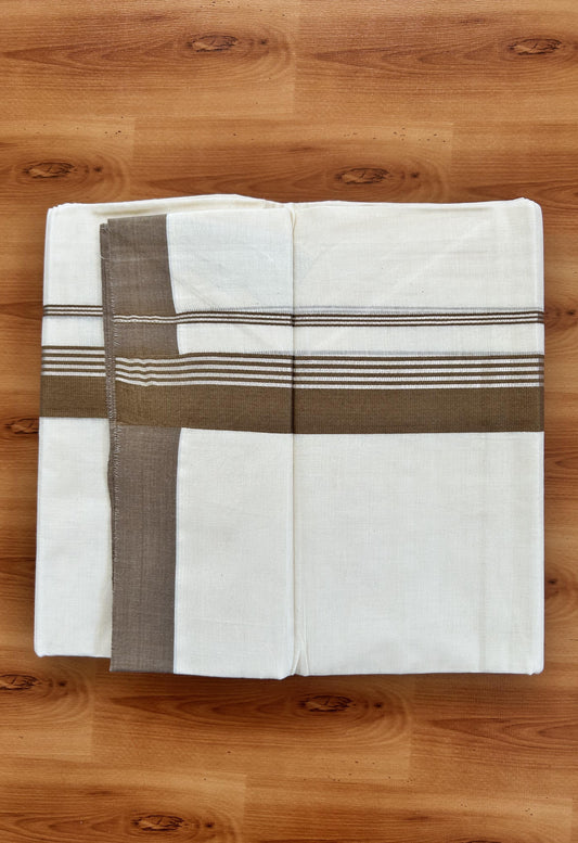 Double Off White  Mundu/Dhoti- 20% Discount! KaithariKada Balaramapuram Pure Cotton - 80s - 1.5 inch Silver Kasav Striped & Yellowish Brown Kara - 4mtr (8.5muzham) - 13 KK5422 VAS