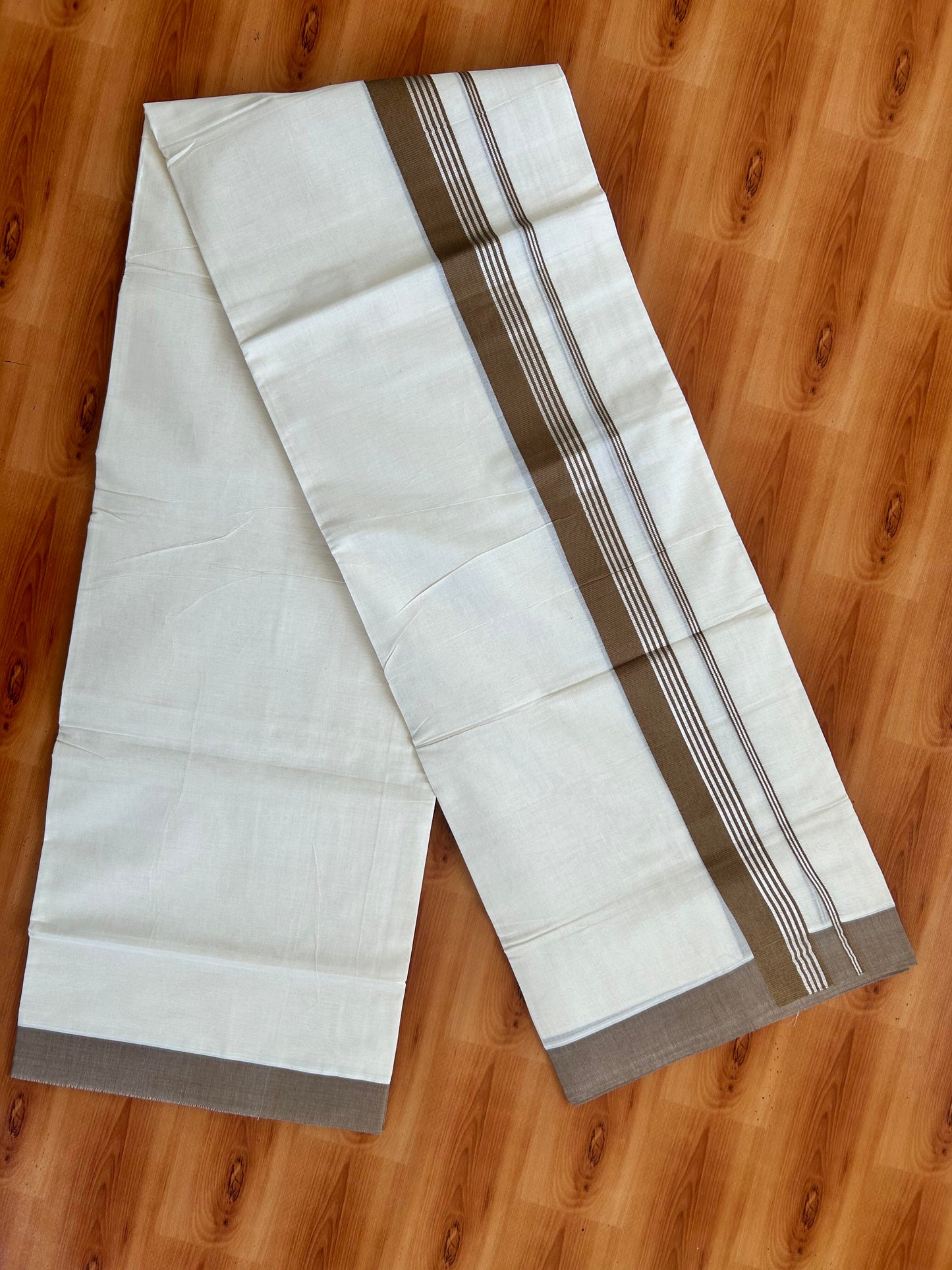 Double Off White  Mundu/Dhoti- 20% Discount! KaithariKada Balaramapuram Pure Cotton - 80s - 1.5 inch Silver Kasav Striped & Yellowish Brown Kara - 4mtr (8.5muzham) - 13 KK5422 VAS