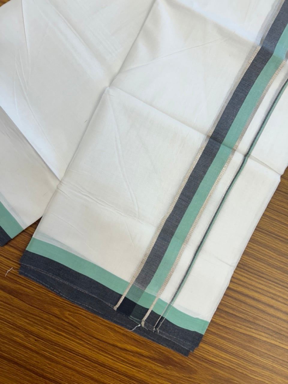 20% Discount ! KaithariKada Balaramapuram 100% Cotton Pure white Double Mundu/Dhoti - (100x80)s - 1.75 inch Silver Kasav Black & Turquoise Green Stripes Chutty Kara 3.90 mtr (8 muzham) - 35 KK5287 PMC
