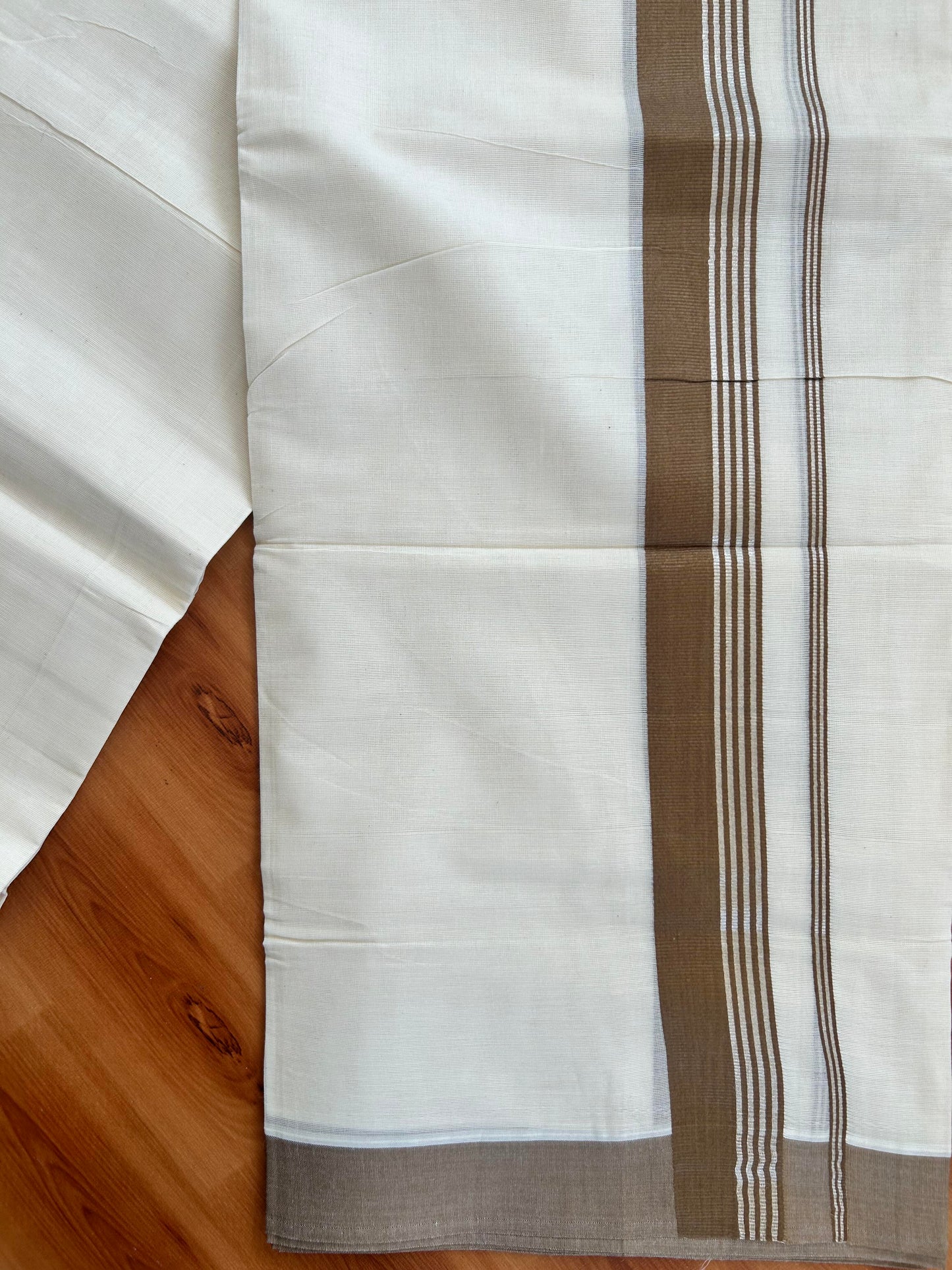 Double Off White  Mundu/Dhoti- 20% Discount! KaithariKada Balaramapuram Pure Cotton - 80s - 1.5 inch Silver Kasav Striped & Yellowish Brown Kara - 4mtr (8.5muzham) - 13 KK5422 VAS