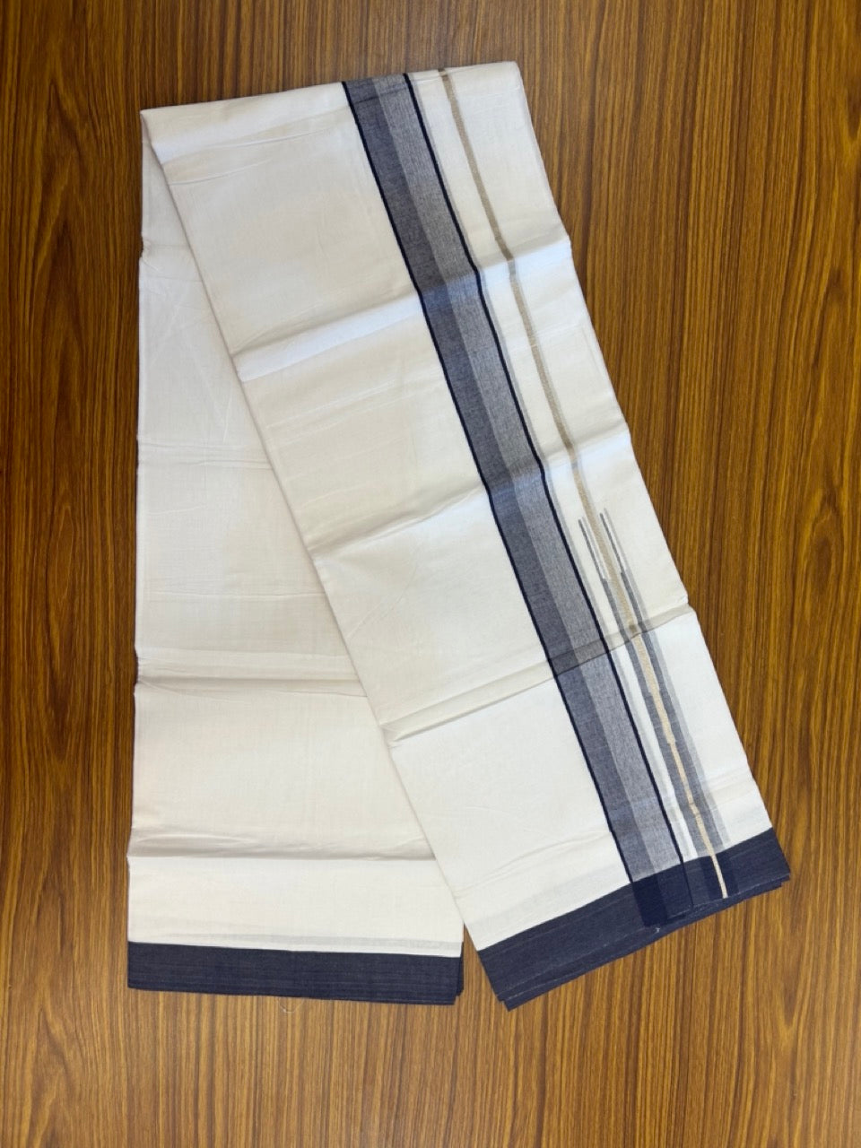 20% Discount ! KaithariKada Balaramapuram 100% Cotton Pure white Double Mundu/Dhoti - (100x80)s - 1.5 inch Silver Kasav & Navy Blue Stripes Chutty Kara 3.90 mtr (8 muzham) - 28 KK5287 PMC