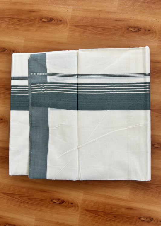 Double Off White  Mundu/Dhoti- 20% Discount! KaithariKada Balaramapuram Pure Cotton - 80s - 2 inch Silver Kasav Striped & Vogue Green Kara - 4mtr (8.5muzham) - 8 KK5422 VAS