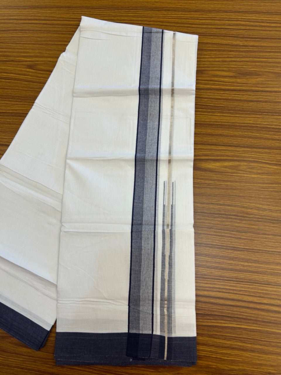 20% Discount ! KaithariKada Balaramapuram 100% Cotton Pure white Double Mundu/Dhoti - (100x80)s - 1.5 inch Silver Kasav & Navy Blue Stripes Chutty Kara 3.90 mtr (8 muzham) - 28 KK5287 PMC