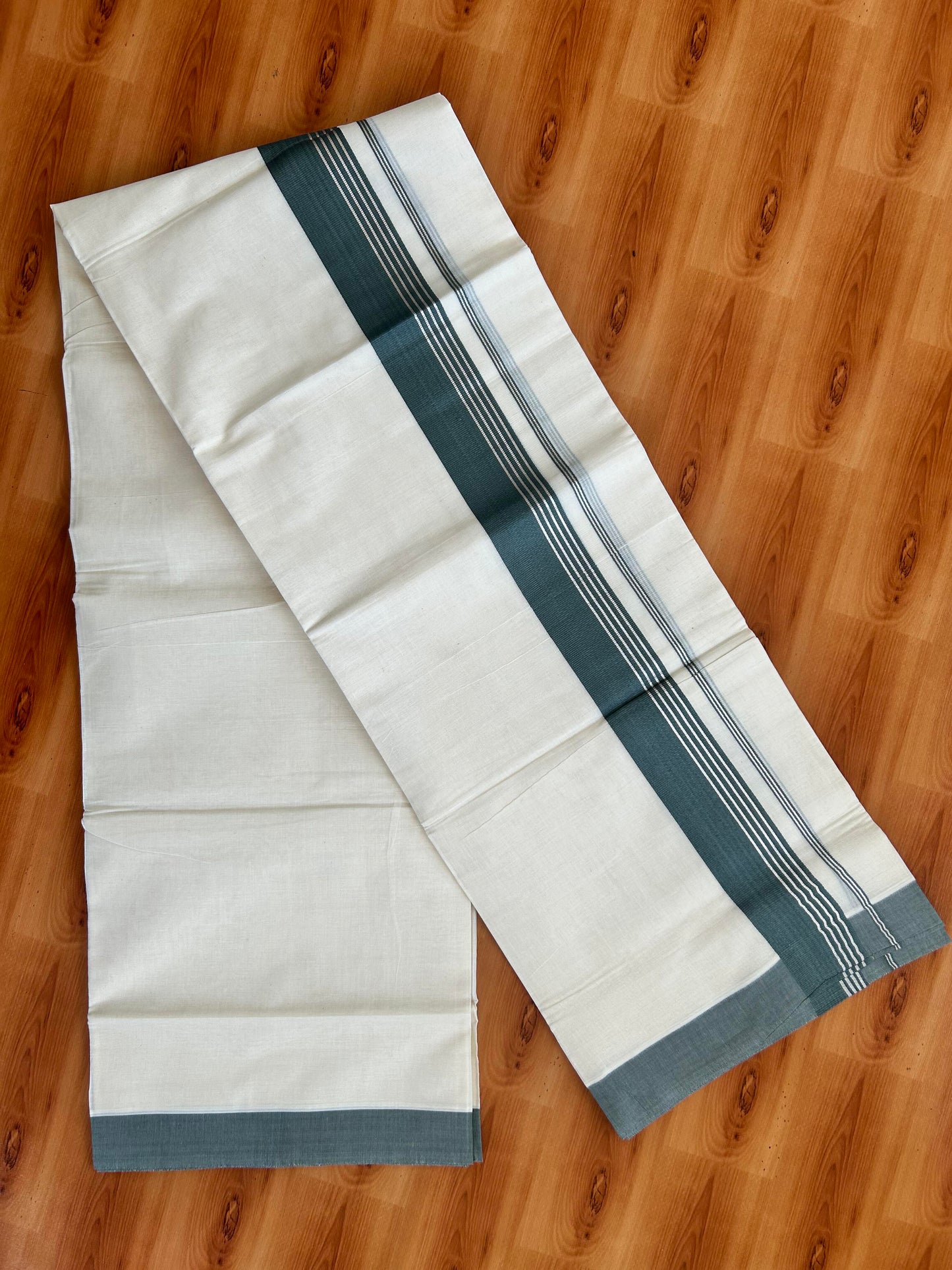 Double Off White  Mundu/Dhoti- 20% Discount! KaithariKada Balaramapuram Pure Cotton - 80s - 2 inch Silver Kasav Striped & Vogue Green Kara - 4mtr (8.5muzham) - 8 KK5422 VAS