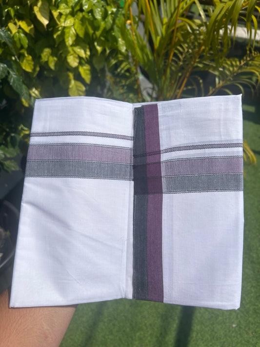 28% DISCOUNT! KaithariKada Balaramapuram 100% Cotton PURE WHITE Double Mundu/Dhoti-100x80- 1.5 inch Purple & Black shaded designer kara - 2KK5134THI