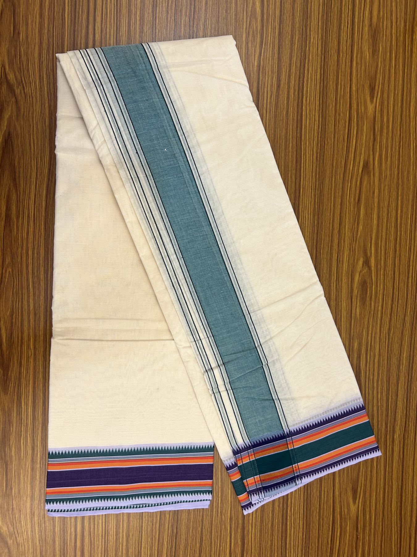 Panchakacham Dhoti - 20% Discount! KaithariKada 100% Cotton Off White - (Unbleached) - Pure Cotton -100x100 thread - North Indian - Attached Gamcha 9X5 Dhoti Violet kara with Violet Green & Orange Striped border - 19 KK5323 PMC