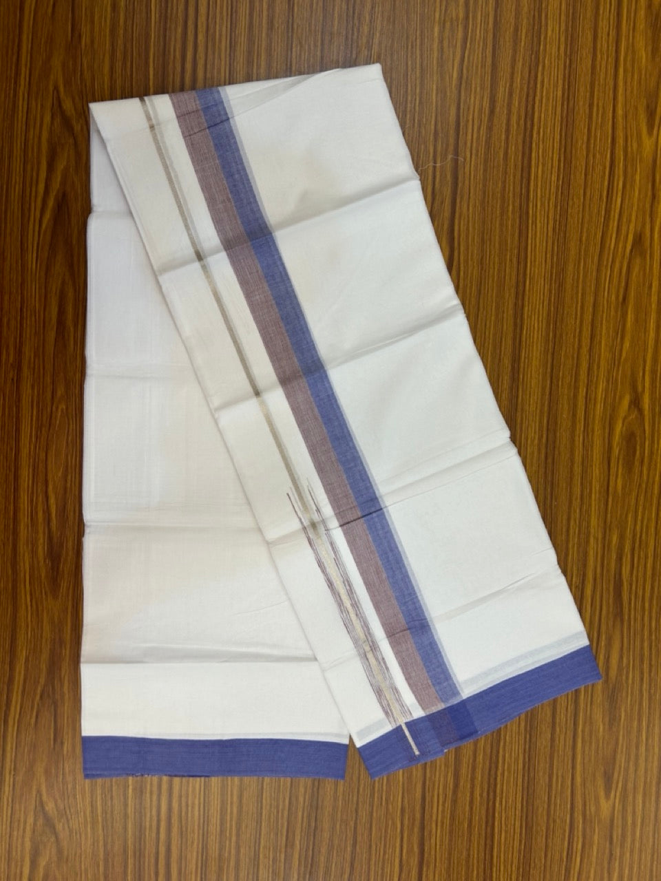 20% Discount ! KaithariKada Balaramapuram 100% Cotton Pure white Double Mundu/Dhoti - (100x80)s - 1.75 inch Silver Kasav Violet Blue & Maroon Stripes Chutty Kara 3.90 mtr (8 muzham) - 36 KK5287 PMC