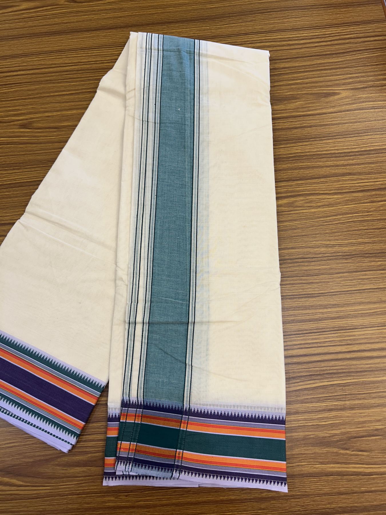 Panchakacham Dhoti - 20% Discount! KaithariKada 100% Cotton Off White - (Unbleached) - Pure Cotton -100x100 thread - North Indian - Attached Gamcha 9X5 Dhoti Violet kara with Violet Green & Orange Striped border - 19 KK5323 PMC
