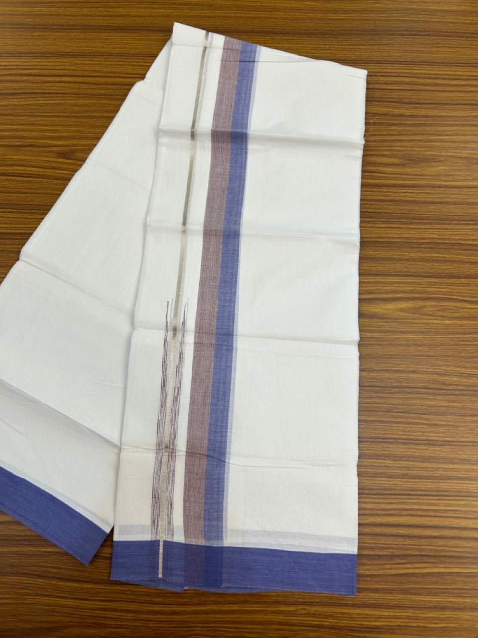 20% Discount ! KaithariKada Balaramapuram 100% Cotton Pure white Double Mundu/Dhoti - (100x80)s - 1.75 inch Silver Kasav Violet Blue & Maroon Stripes Chutty Kara 3.90 mtr (8 muzham) - 36 KK5287 PMC