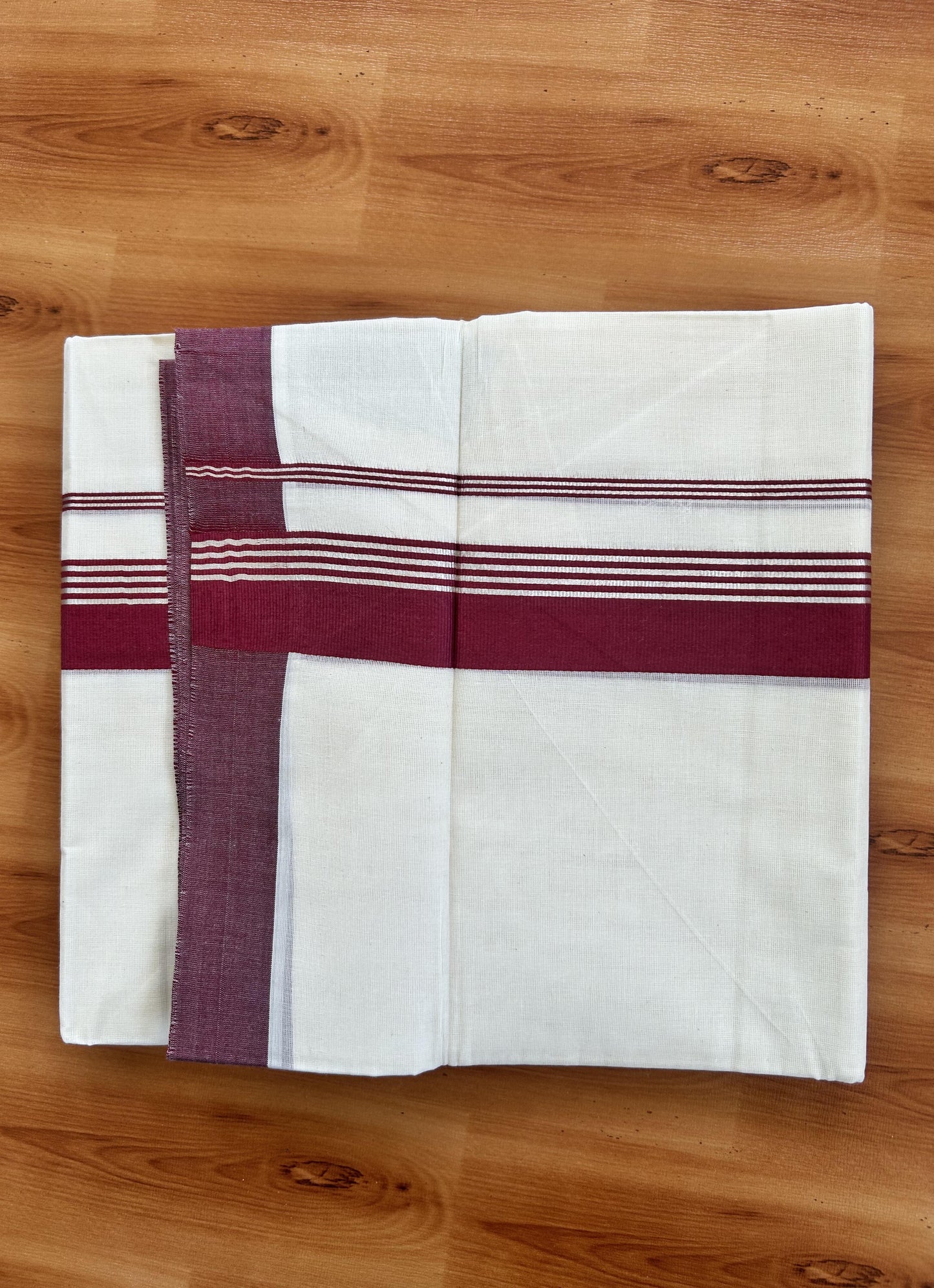 Double Off White  Mundu/Dhoti- 20% Discount! KaithariKada Balaramapuram Pure Cotton - 80s - 1.5 inch Silver Kasav Striped & Maroon Kara - 4mtr (8.5muzham) - 6 KK5422 VAS