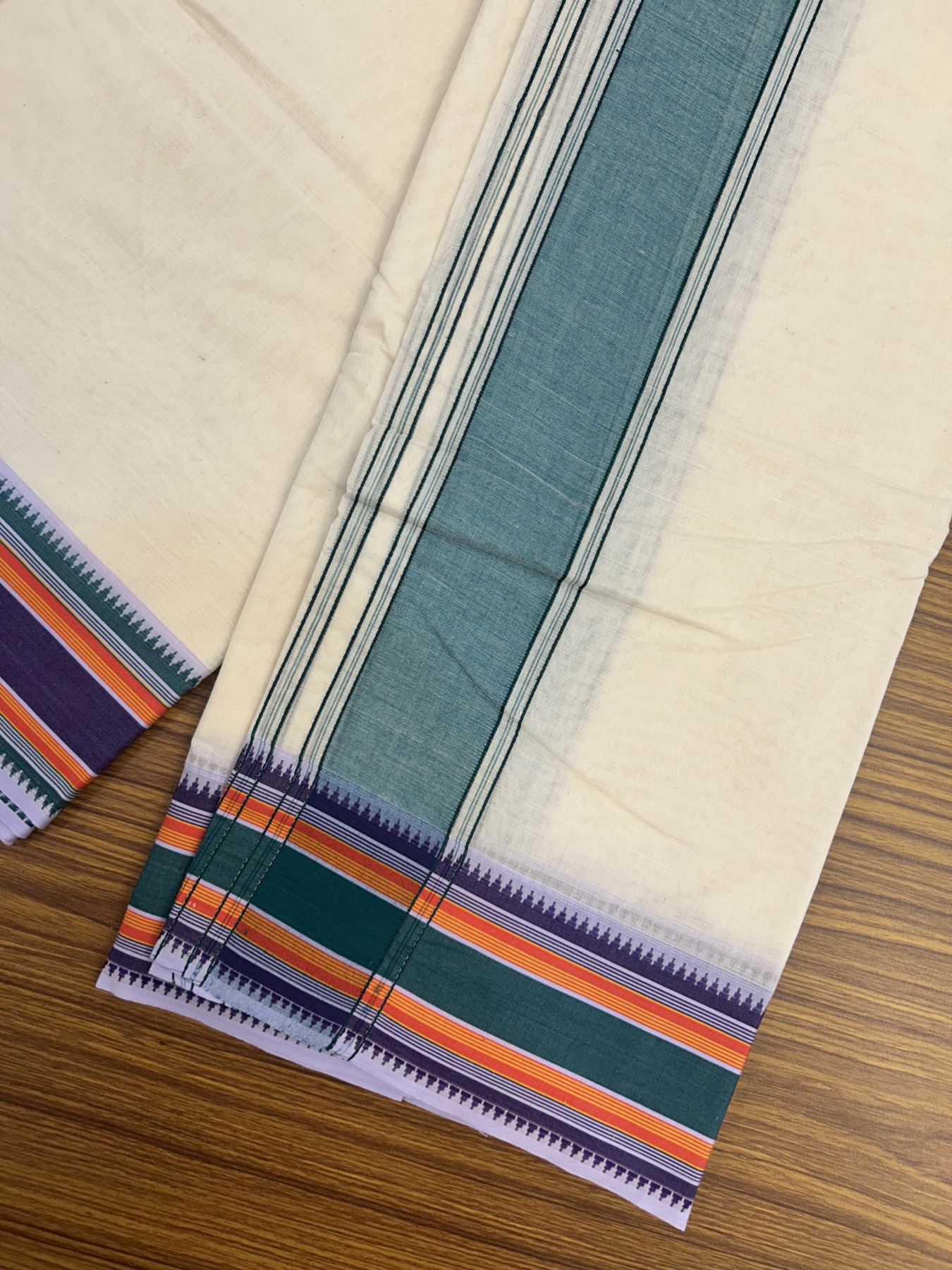 Panchakacham Dhoti - 20% Discount! KaithariKada 100% Cotton Off White - (Unbleached) - Pure Cotton -100x100 thread - North Indian - Attached Gamcha 9X5 Dhoti Violet kara with Violet Green & Orange Striped border - 19 KK5323 PMC