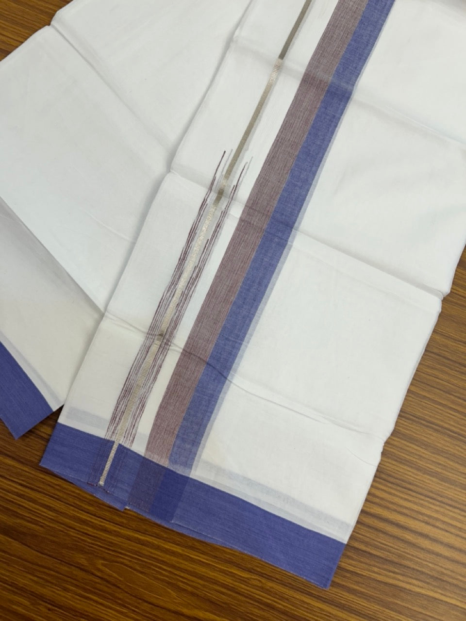 20% Discount ! KaithariKada Balaramapuram 100% Cotton Pure white Double Mundu/Dhoti - (100x80)s - 1.75 inch Silver Kasav Violet Blue & Maroon Stripes Chutty Kara 3.90 mtr (8 muzham) - 36 KK5287 PMC