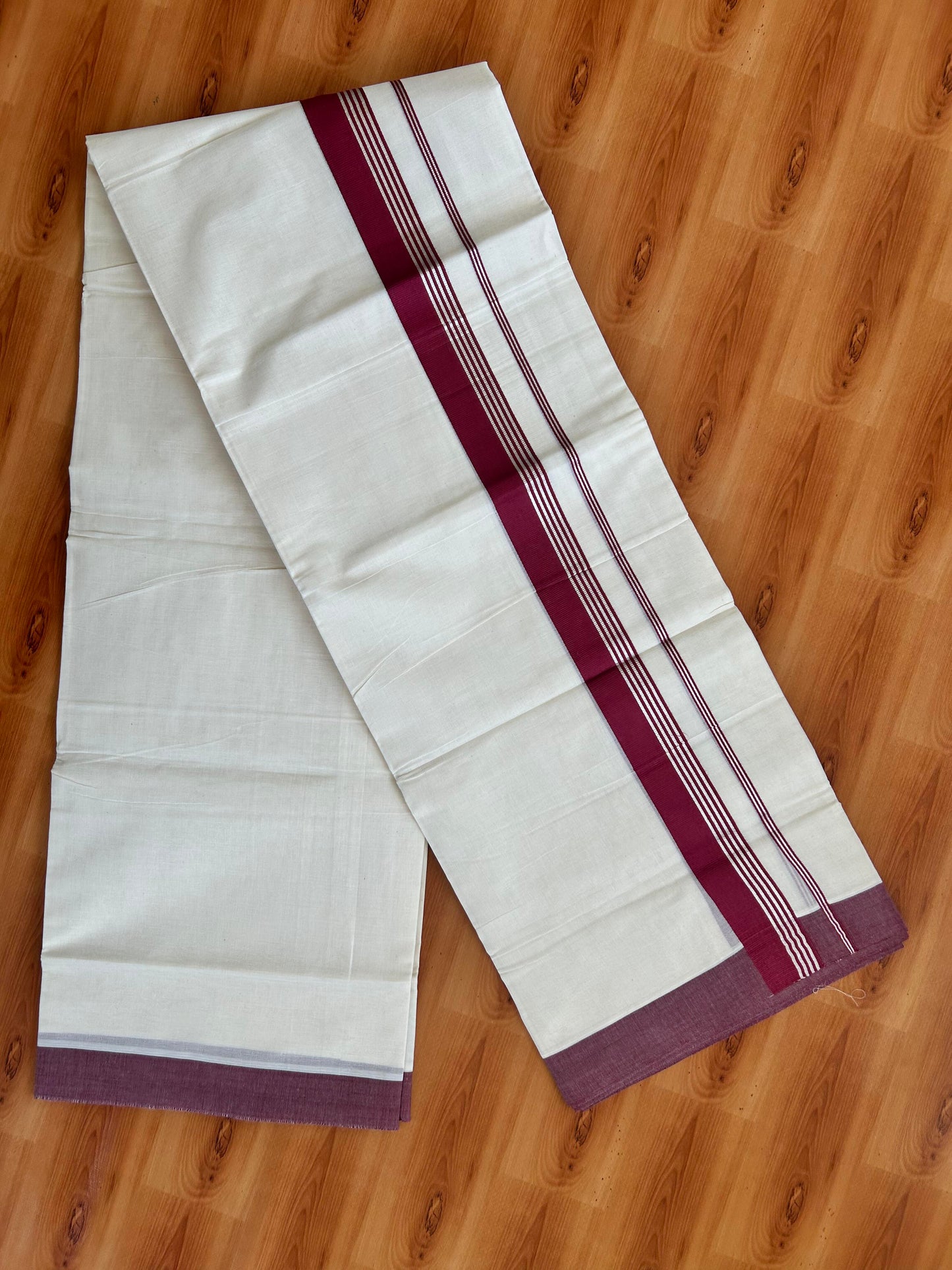 Double Off White  Mundu/Dhoti- 20% Discount! KaithariKada Balaramapuram Pure Cotton - 80s - 1.5 inch Silver Kasav Striped & Maroon Kara - 4mtr (8.5muzham) - 6 KK5422 VAS