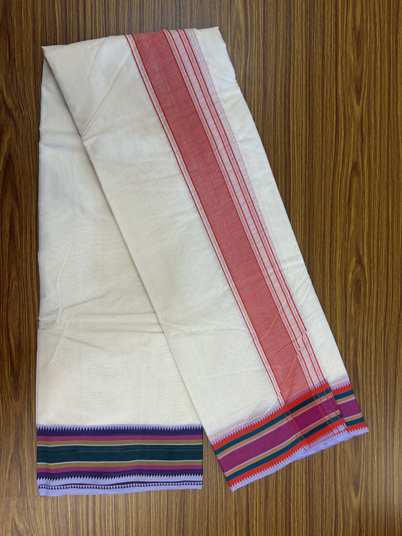 Panchakacham Dhoti - 37% Discount! Kaitharikada 100% Cotton Off White - (Unbleached) - Pure Cotton -100x100 thread - North Indian - Attached Gamcha - 9X5 - Dhoti Red Pink kara with Multi colour Striped border - 20 KK5323 PMC