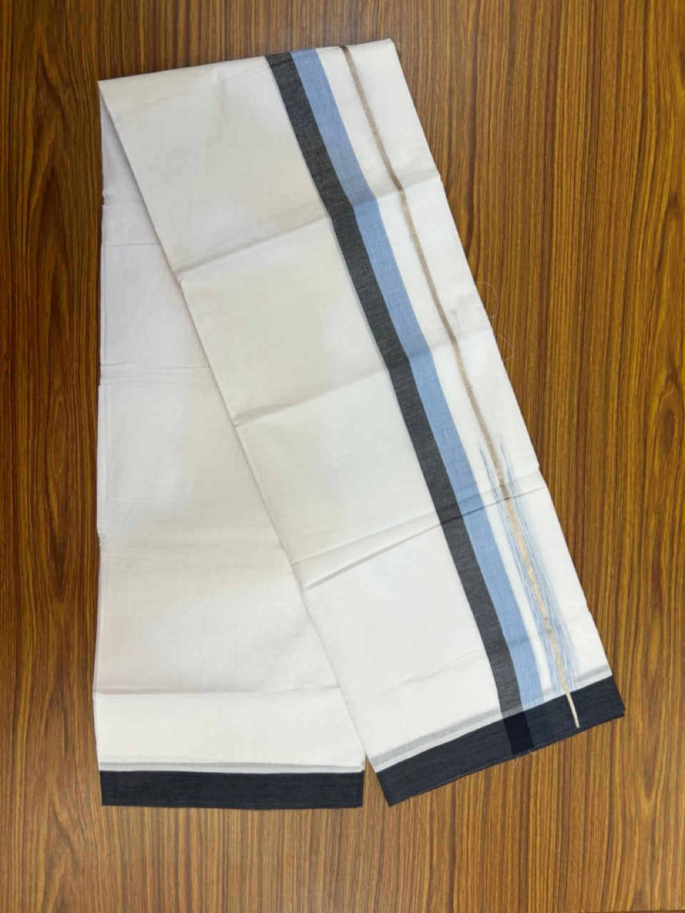 20% Discount ! KaithariKada Balaramapuram 100% Cotton Pure white Double Mundu/Dhoti - (100x80)s - 1.75 inch Silver Kasav Light Blue & Black Stripes Chutty Kara 3.90 mtr (8 muzham) - 37 KK5287 PMC